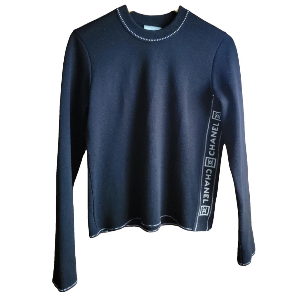 Chanel CC Logo Black Long Sleeve Top with White Decorative Stitching - Picture 15 of 15